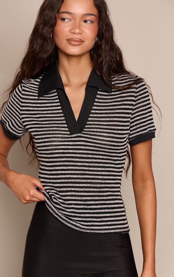Black Textured Stripe Rugby Style Top
