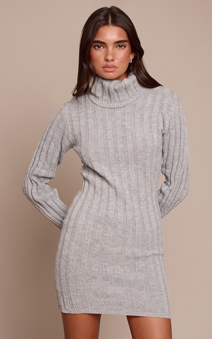 Grey Knitted Roll Neck Sweater Dress image 1