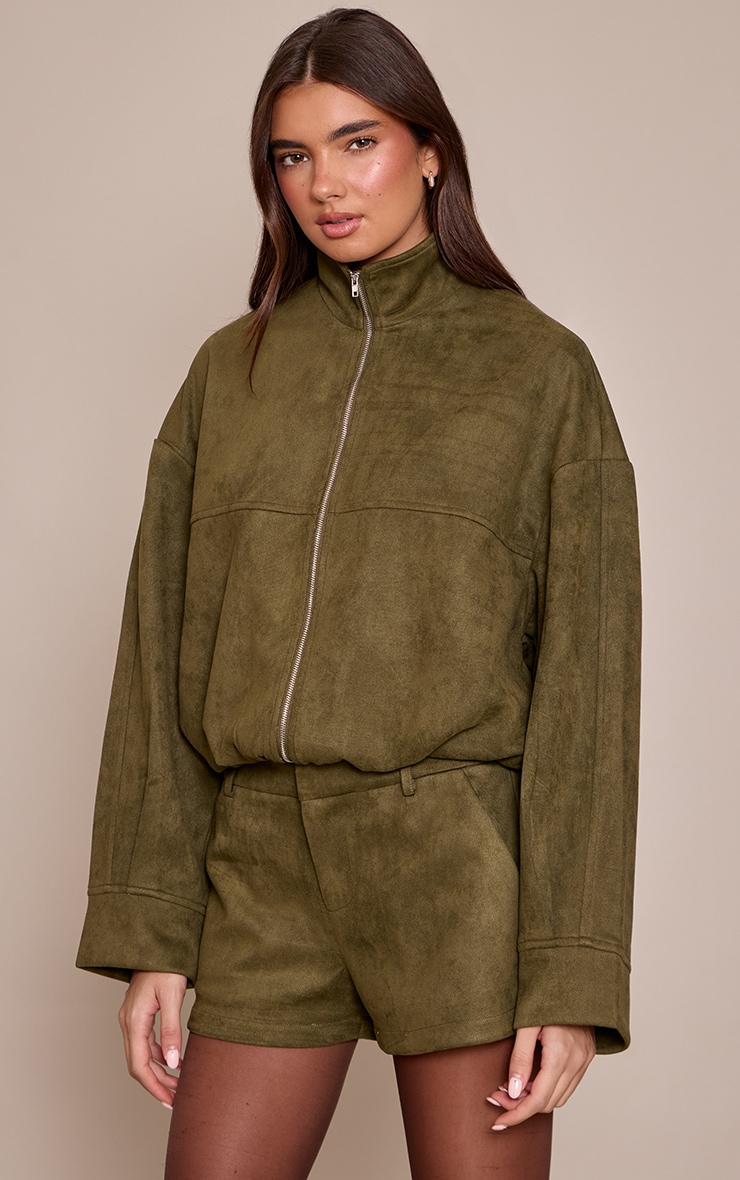 Khaki Faux Suede Funnel Neck Zip Up Jacket image 1
