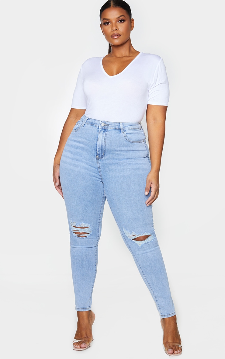 PRETTYLITTLETHING Plus Vintage Wash Knee Rip 5 Pocket Skinny Jean