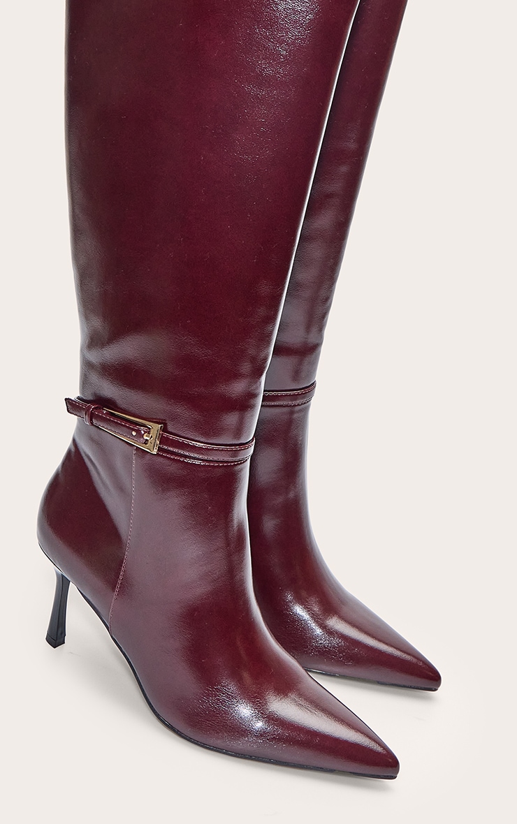 Burgundy Buckled Knee High Stiletto Heeled Boot image 5