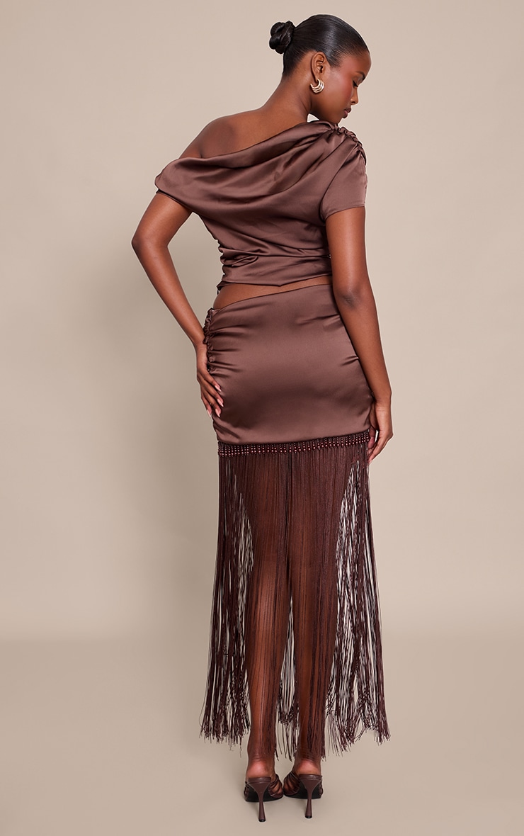 Chocolate Brown Satin Beaded Tassel Hem Mini Skirt image 3