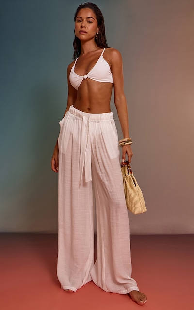 White Palazzo Linen Look Beach Pants
