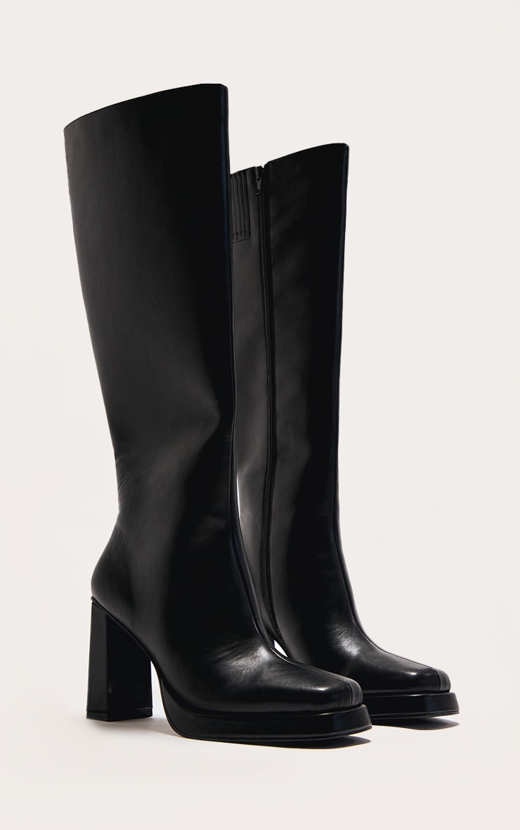 Black PU Square Toe Slight Platform Knee High Heeled Boots image 2