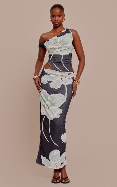 Black Floral Print Onion Skin Low Rise Maxi Skirt