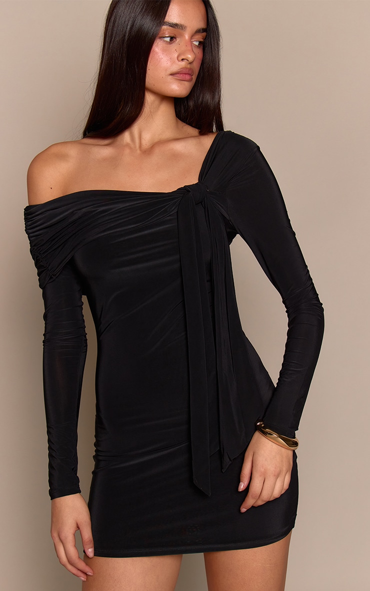 Black Double Layer Slinky Asymmetric Knot Detail Mini Dress image 3
