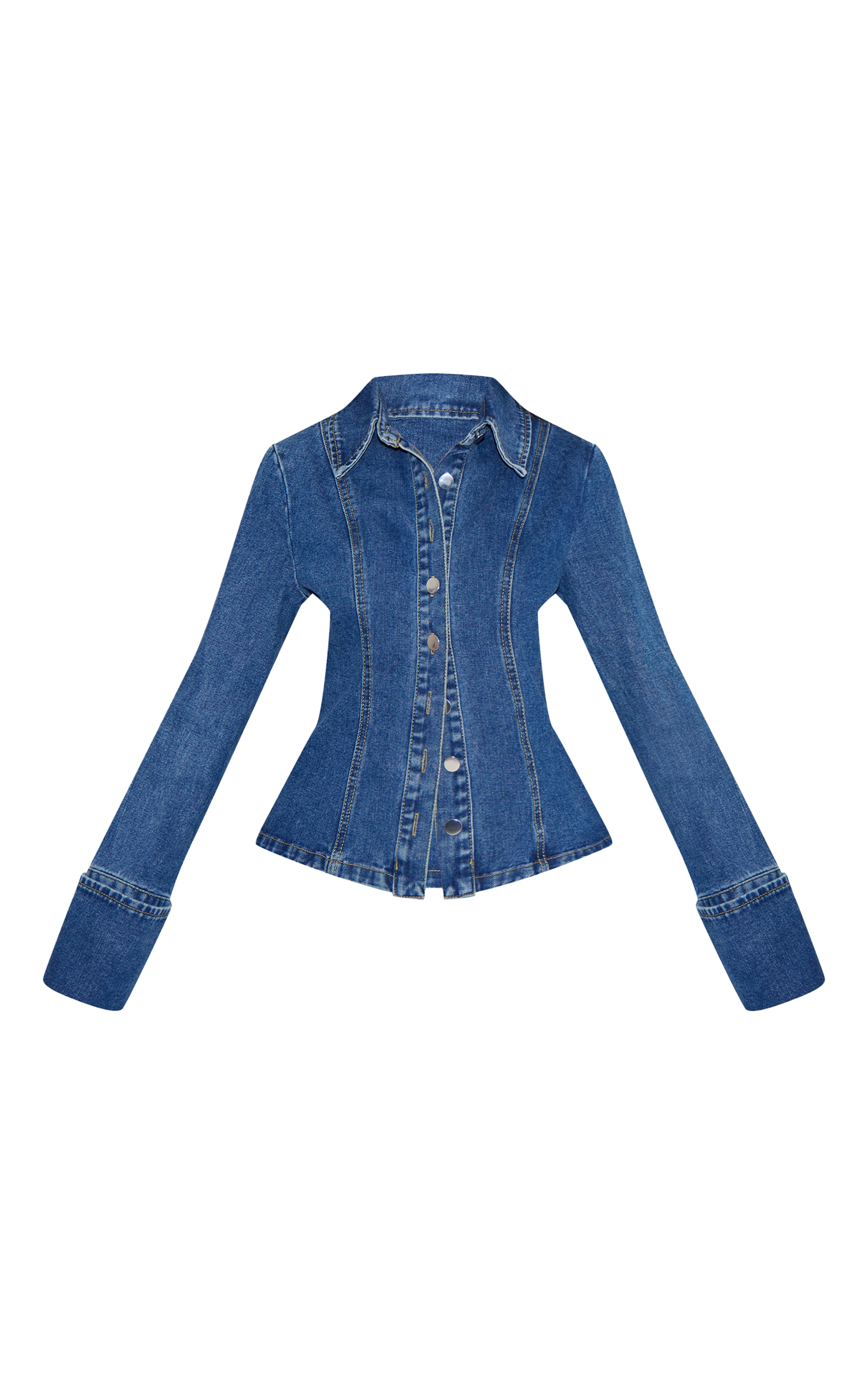 Petite Mid Blue Wash Long Sleeve Fitted Denim Shirt image 5