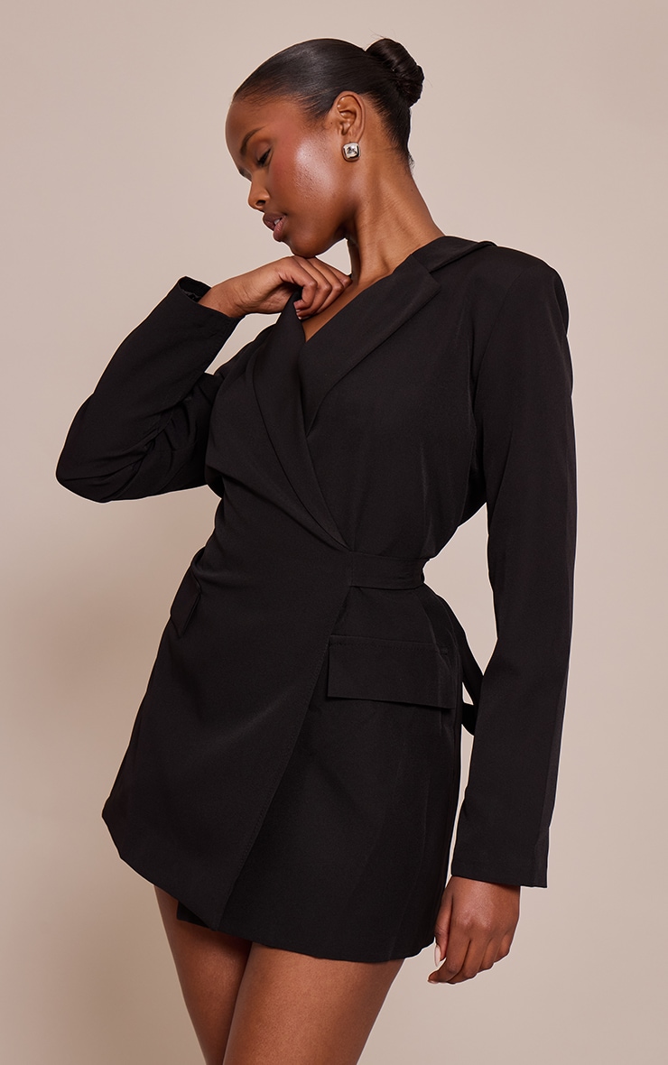 Black Woven Wrap Tie Blazer Dress image 4