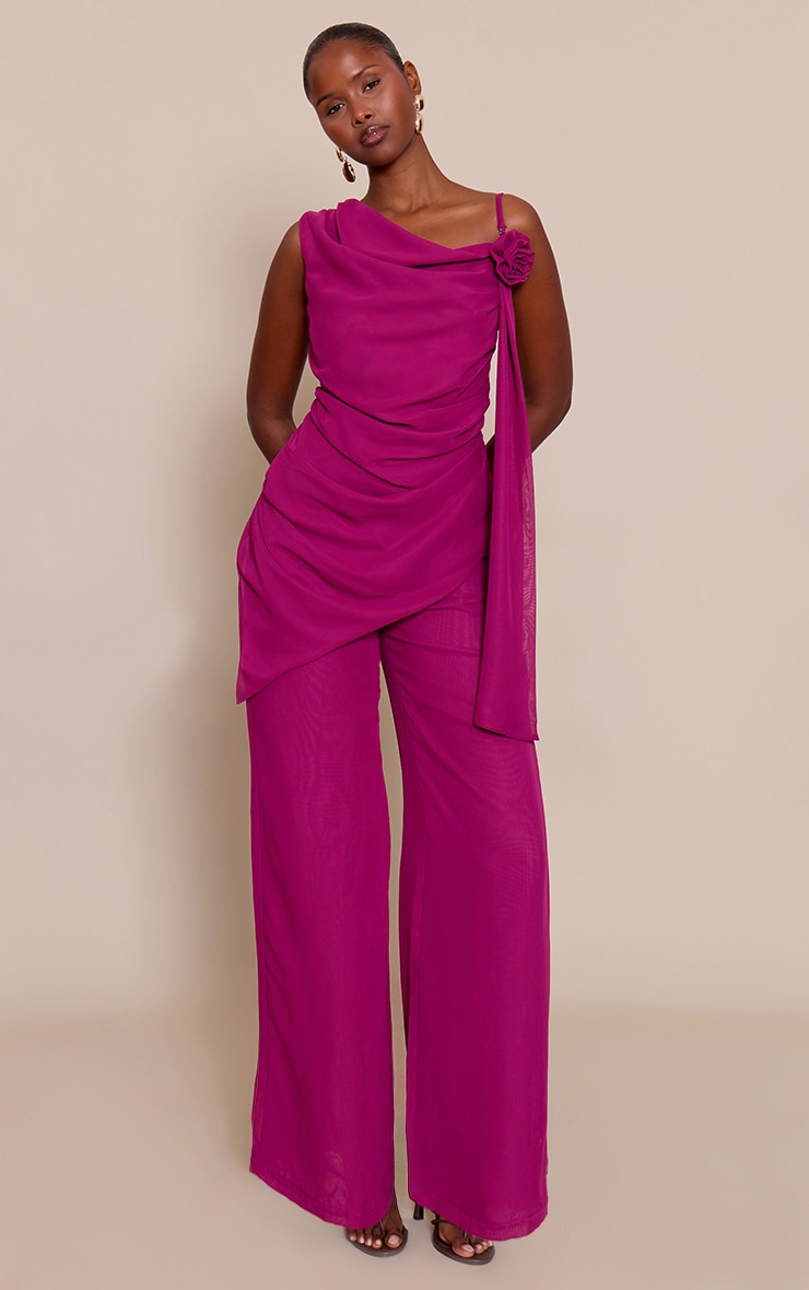 Deep Plum Chiffon Corsage Detail Wide Leg Jumpsuit image 1
