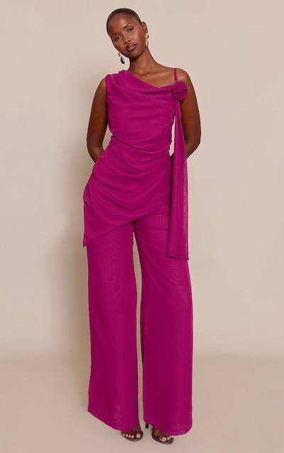 Deep Plum Chiffon Corsage Detail Wide Leg Jumpsuit