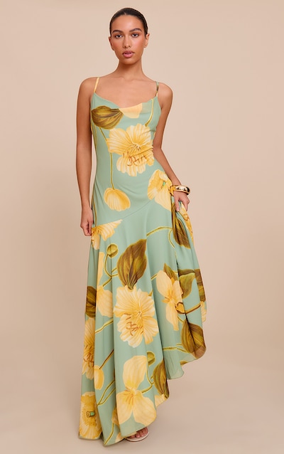 Green Floral Printed Strappy Cowl Neck Maxi Dress