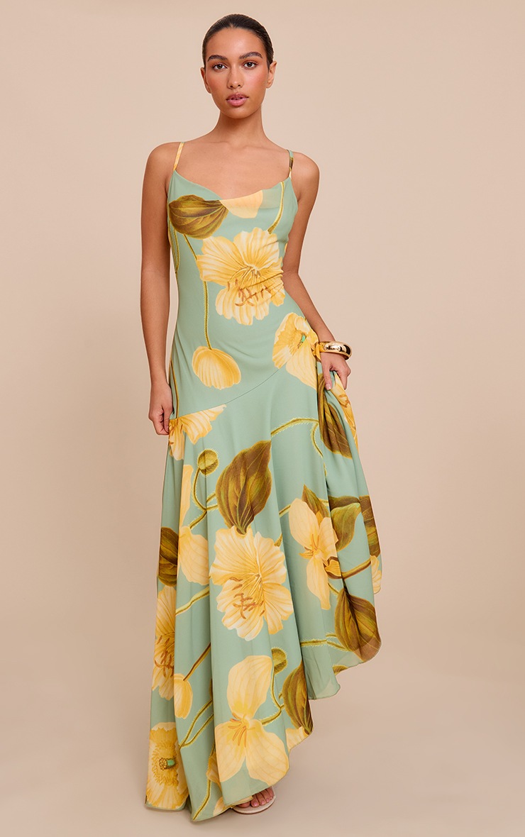 Robe Maxi Fleurie Verte Et Rose - Robe Soirée, Mariage Avec Bretelles, Décolleté élégant