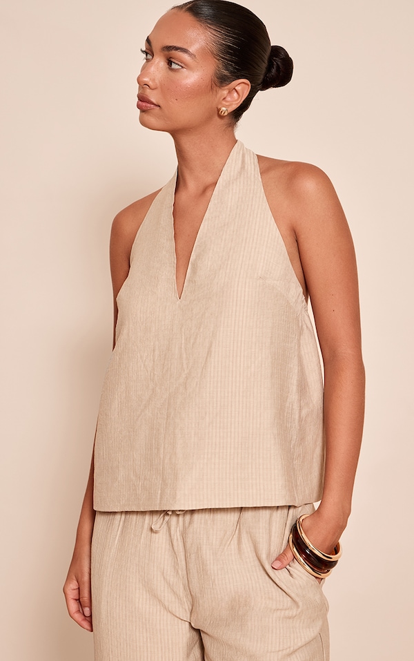  Stone Stripe Woven Halter Neck Tie Crop Top