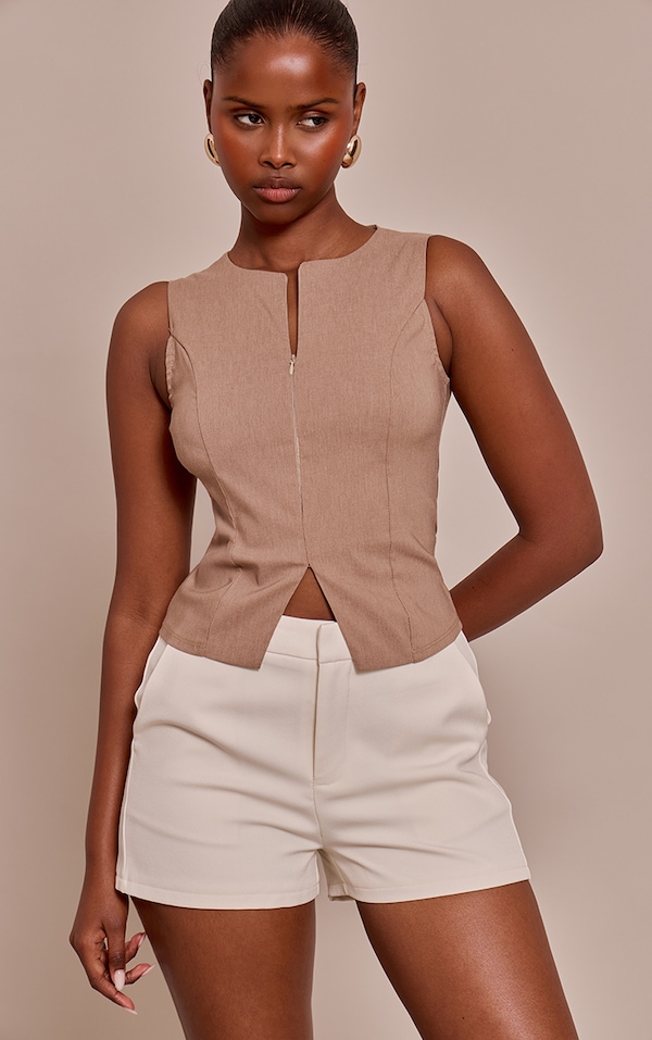 Mocha Stretch Woven Zip Detail Longline Top