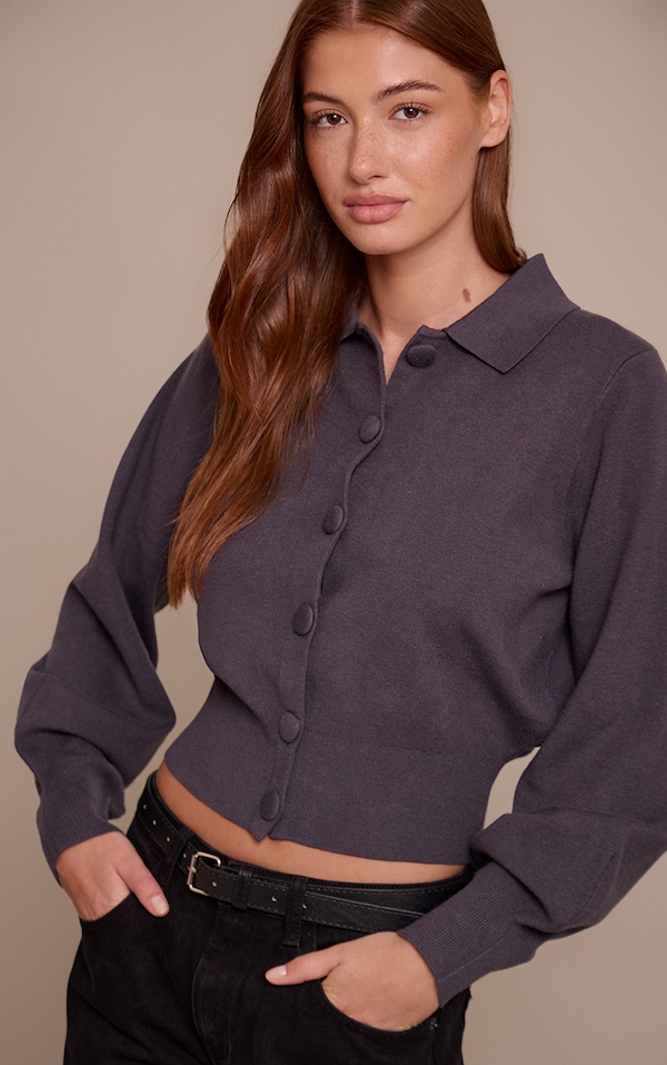 Charcoal Compact Knit Fabric Covered Button Cardigan