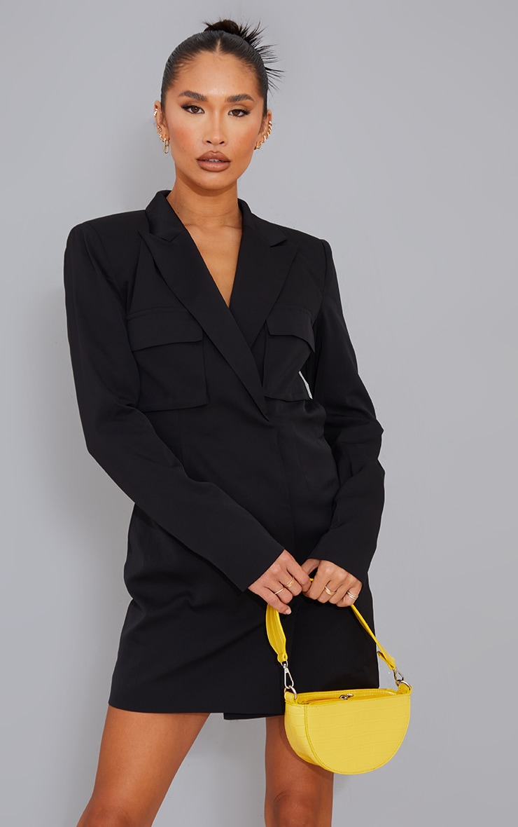  Black Woven Utility Style Backless Blazer Dress image 1