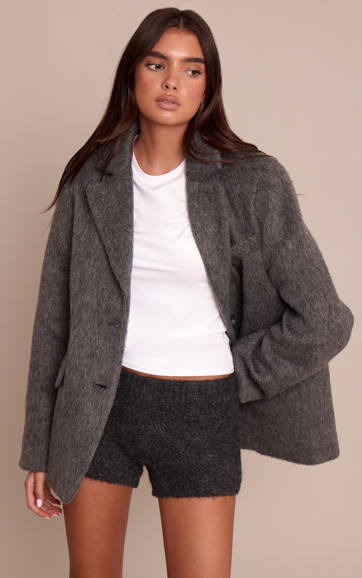 Charcoal Brushed Wool Look Oversized Blazer image 1