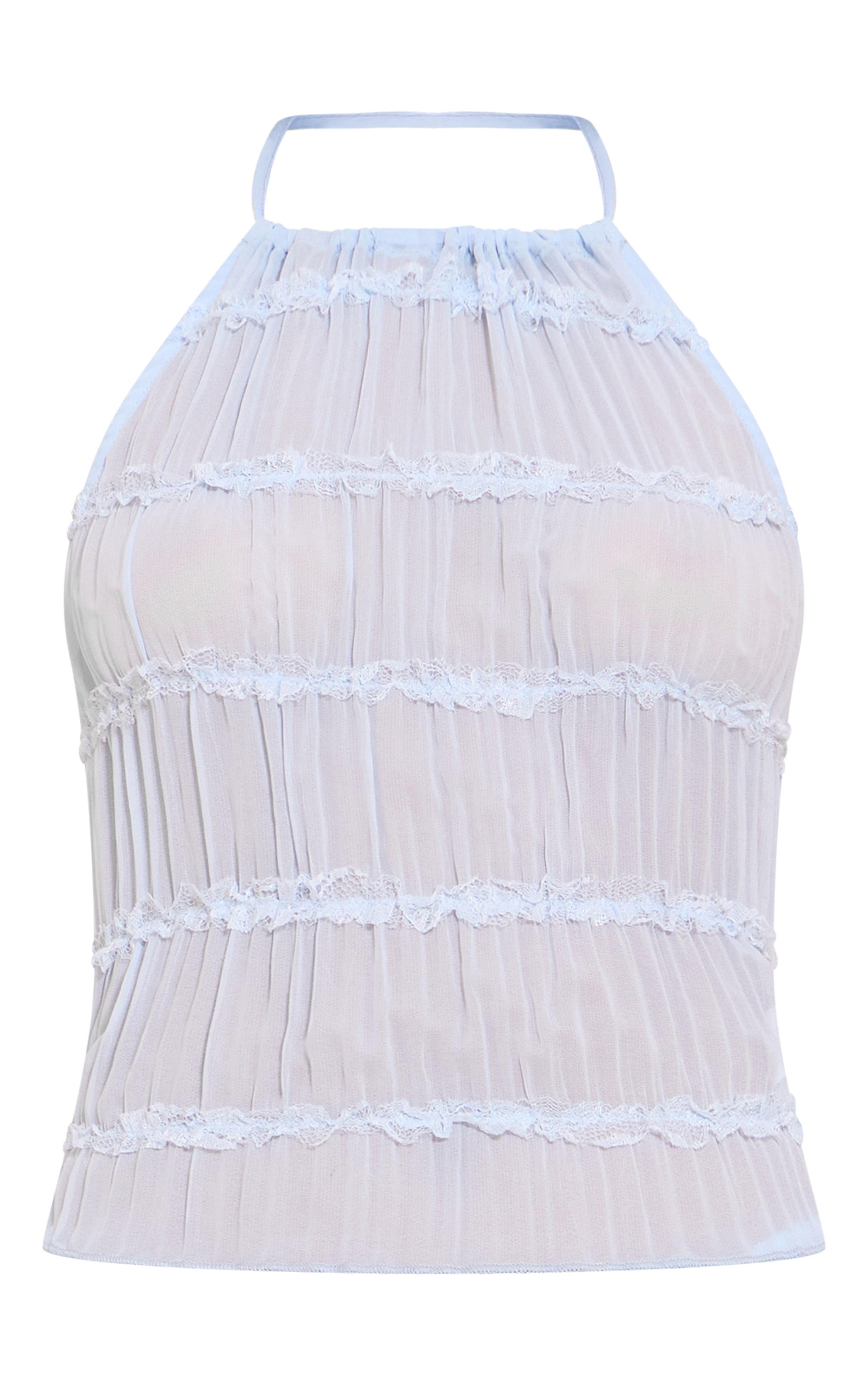 Light Blue Chiffon Ruched Frill Detail Halterneck Top image 5