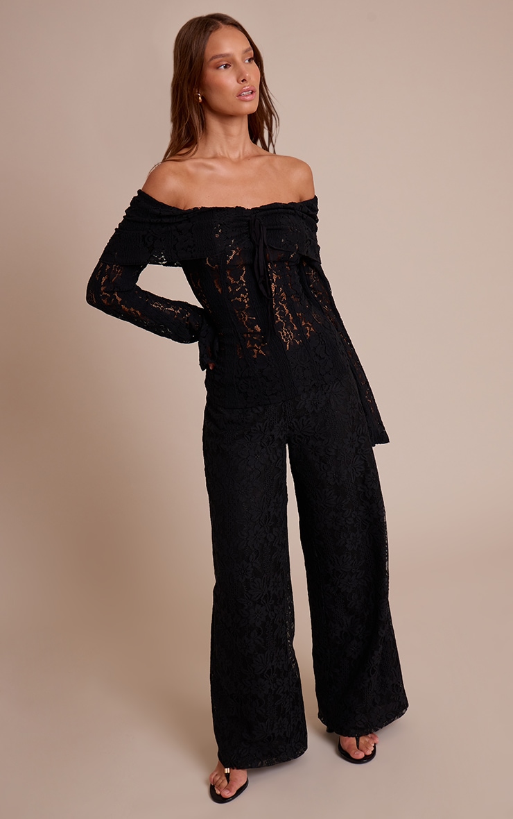 Black Fitted Lace Flared Sleeve Bardot Top image 3