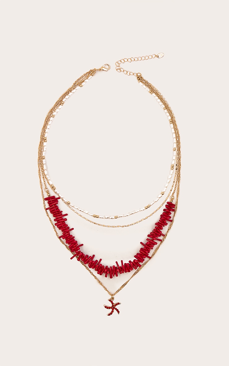 Red Beaded Layered Starfish Pendant Necklace image 2