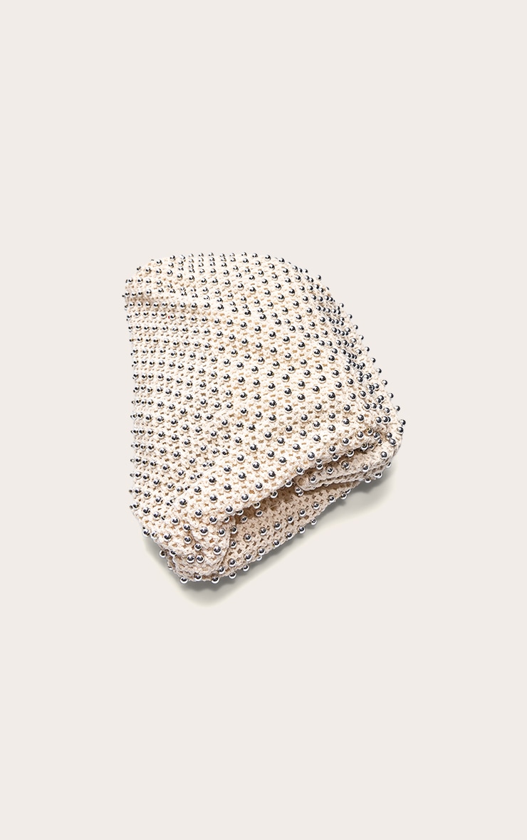 Cream Crochet Silver Studded Clutch Bag image 4
