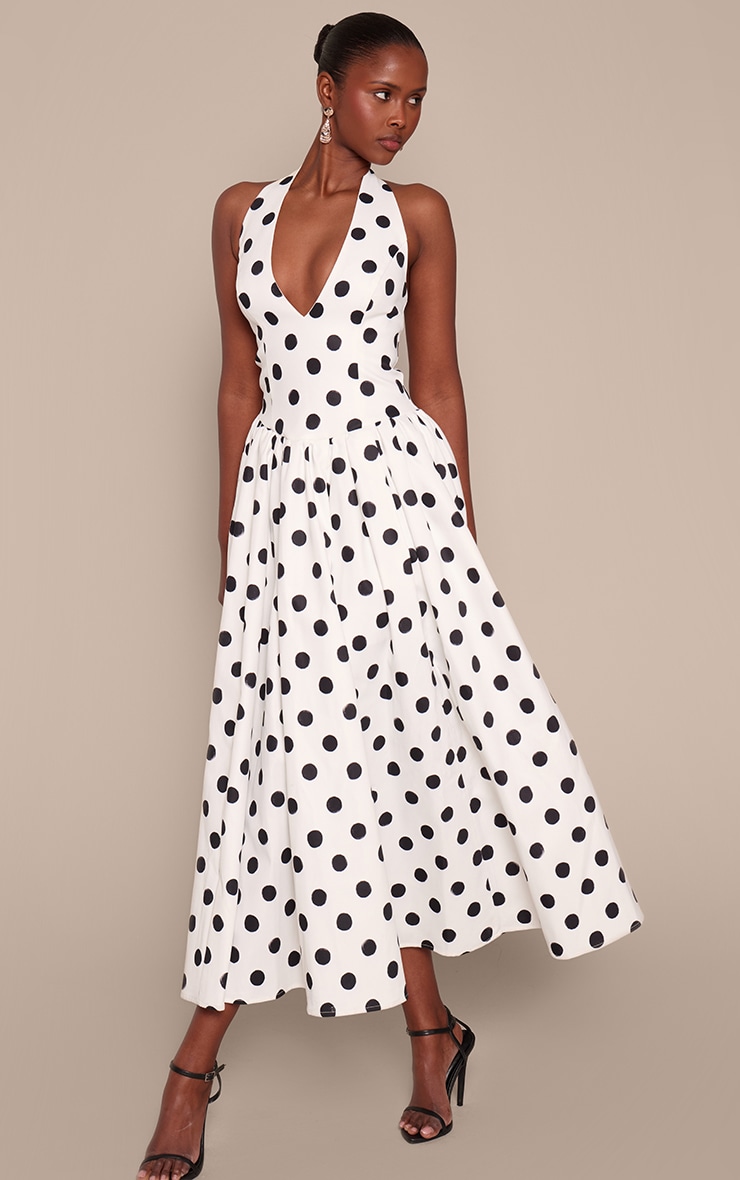 Monochrome Polka Dot Halterneck Tie Detail Ruched Midaxi Dress image 3