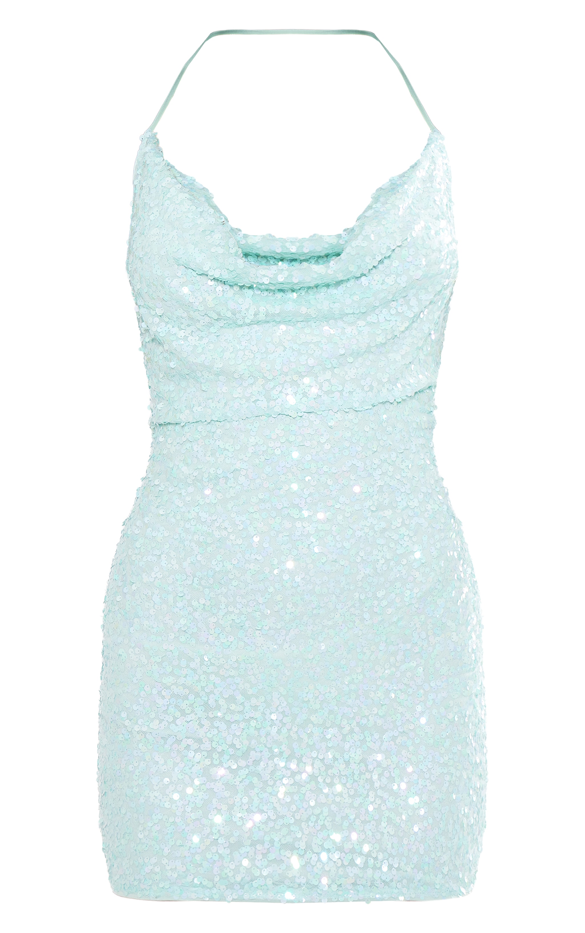 Aqua Sequin Tie Cowl Halter Neck Bodycon Dress image 5