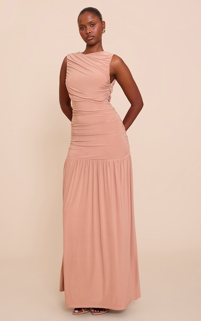 Taupe Boat Neck Ruched Detail Maxi Dress