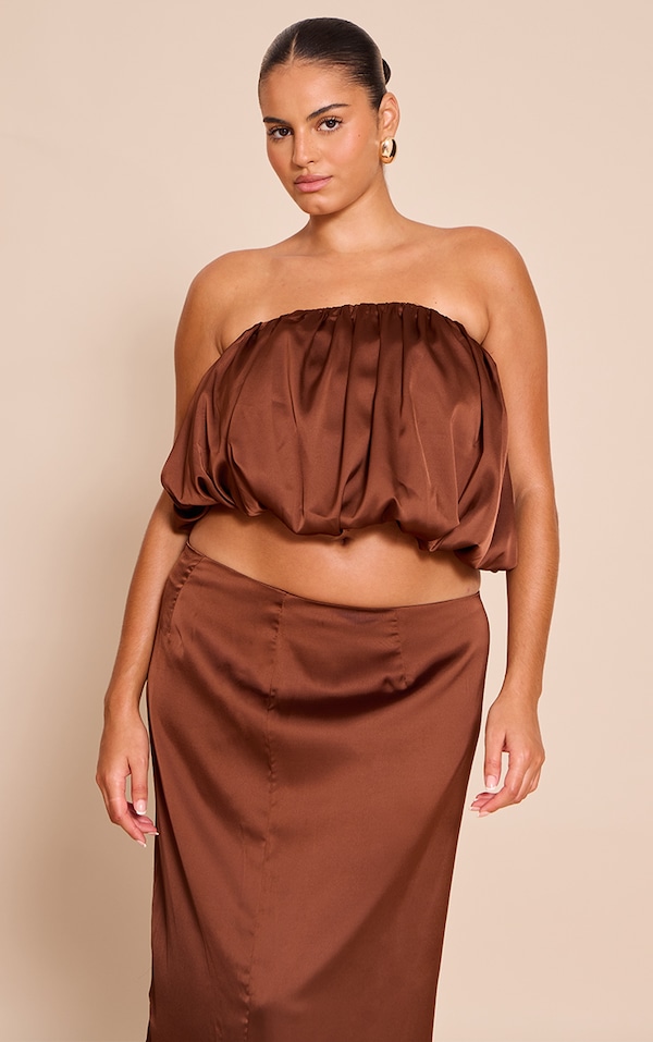 Plus Chocolate Satin Puffball Bandeau Top