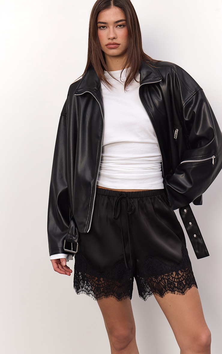 Black Lace Trim Satin Drawstring Shorts image 4