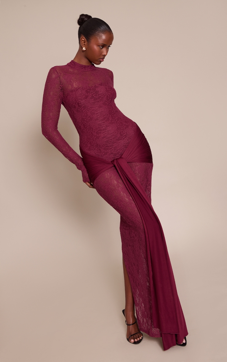 Plum Long Sleeve Lace Wrap Detail Maxi Dress image 3
