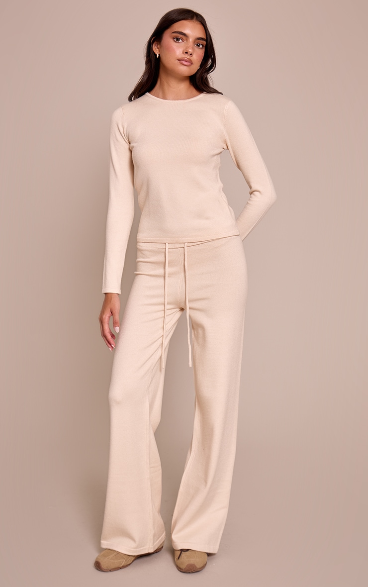 Cream Drawstring Waist Fine Knit Pants image 2