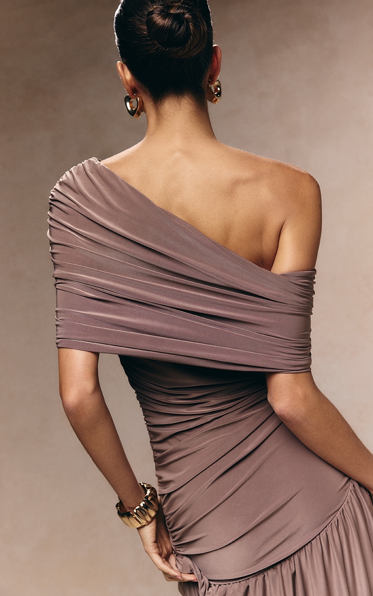Taupe Double Layer Slinky Bardot One Shoulder Ruched Maxi Dress image 4