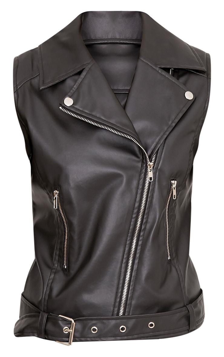 Oria Black PU Sleeveless Biker Jacket Coats & Jackets