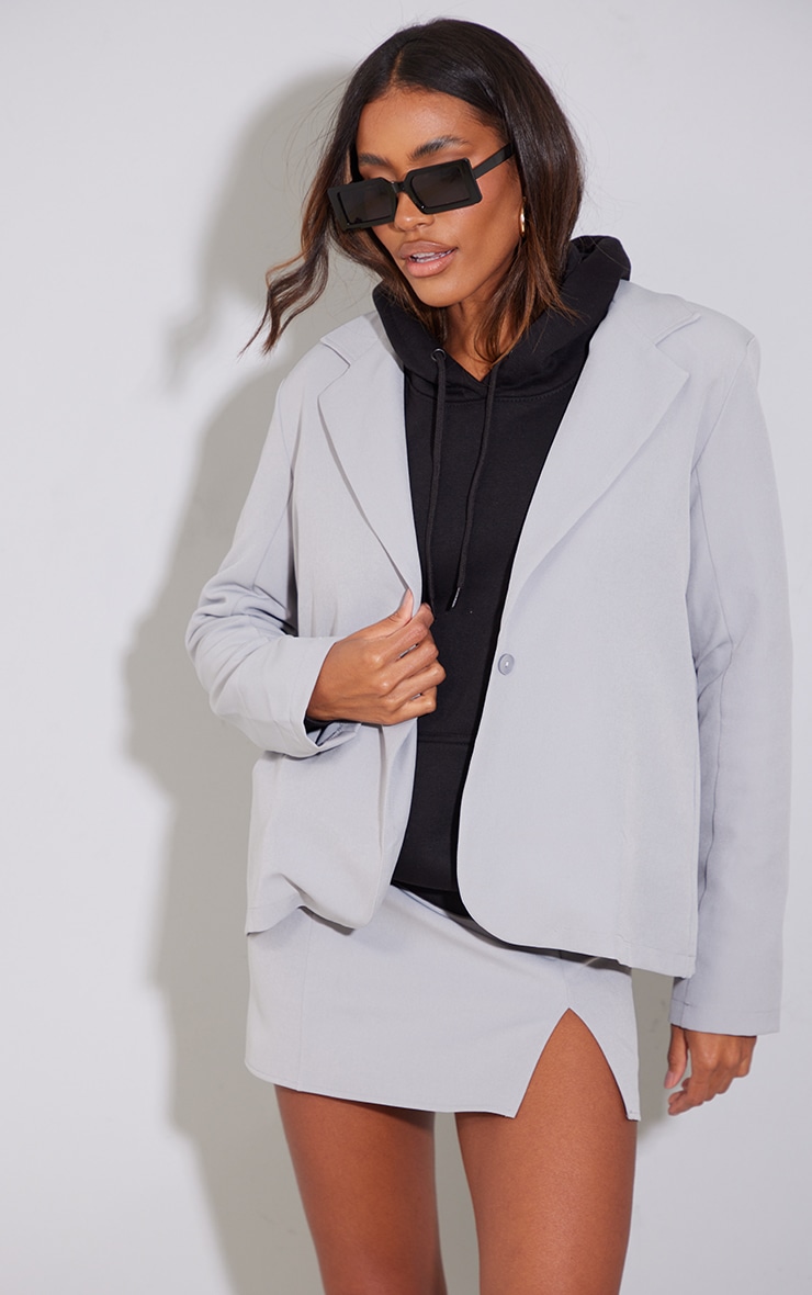 Light Grey Woven Oversized Button Front Blazer image 1