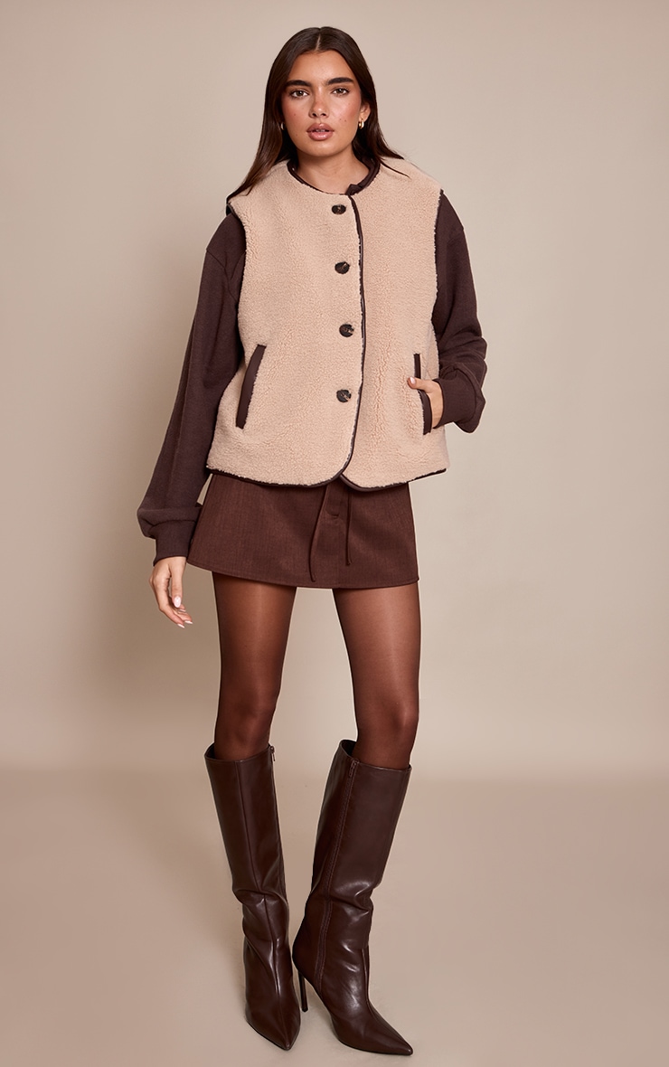 Beige Borg Faux Leather Trim Gilet image 3