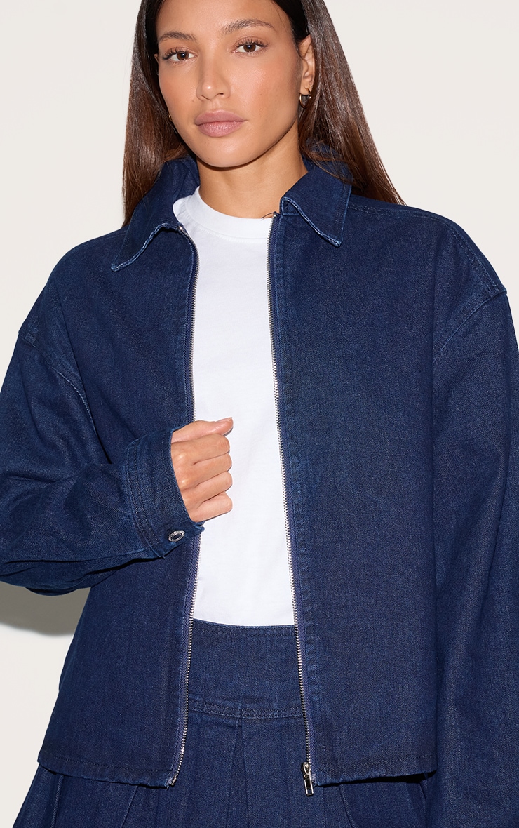 Tall Chemise oversize en jean indigo foncé à col replié et zip image 4