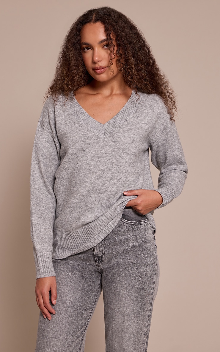 Tall Ash Grey Knit V-neck Jumper image 1