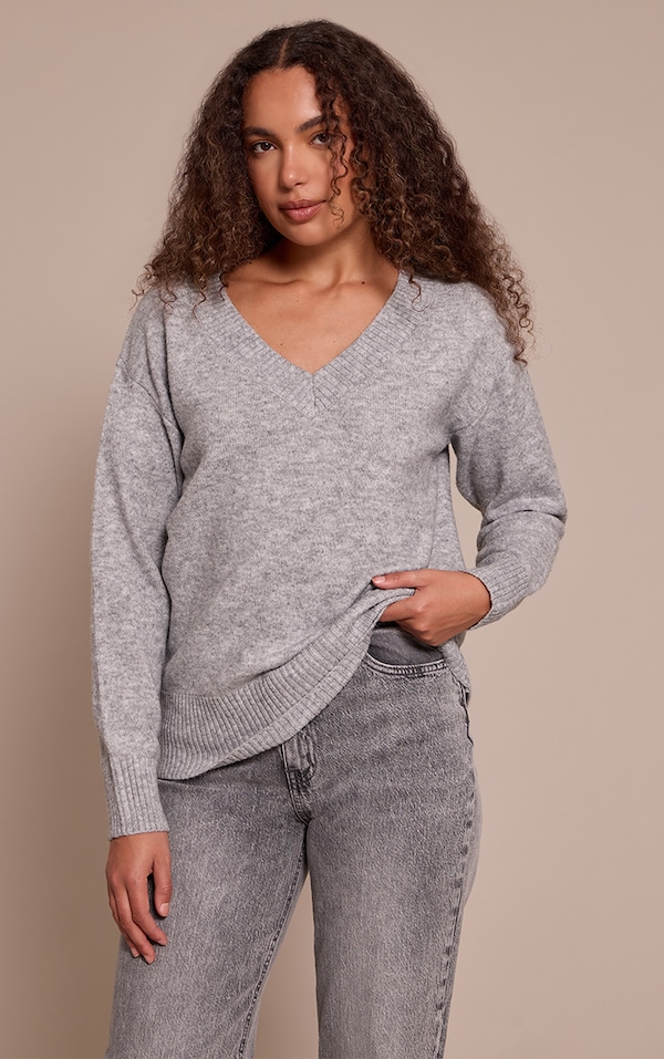 Tall Ash Grey Knit V-neck Sweater