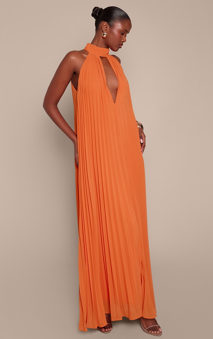 Orange Plisse High Neck Maxi Dress image 3