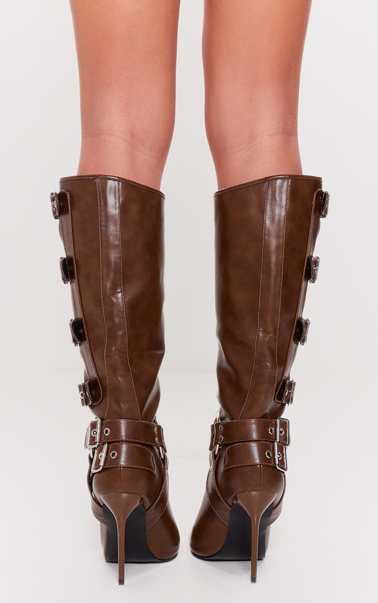 Chocolate PU Point Toe Buckle Detail Knee High Heeled Boots image 2