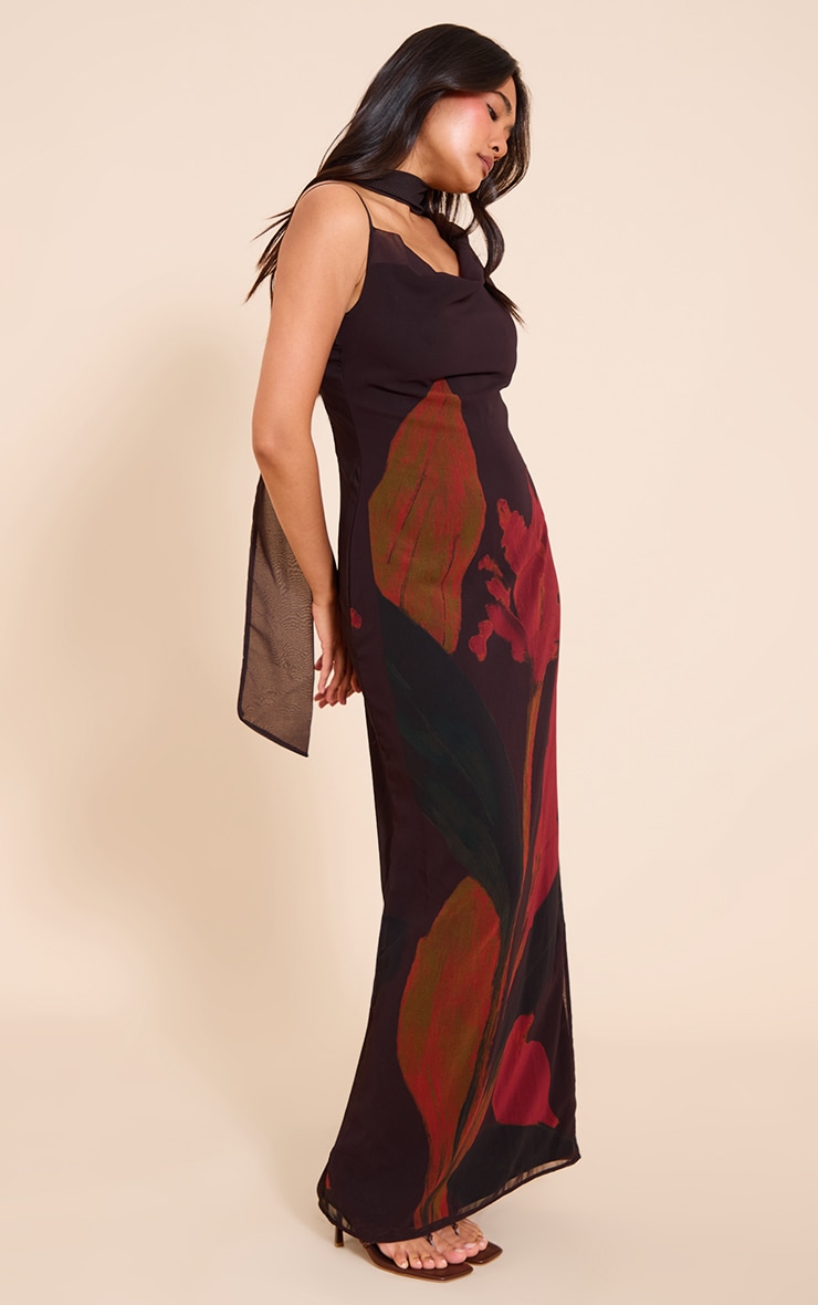 Black Floral Print Chiffon Scarf Maxi Dress image 3
