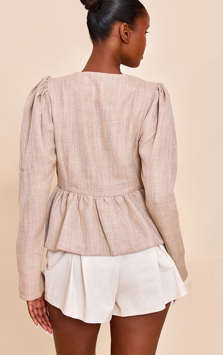 Taupe Button Up Peplum Balloon Sleeve Jacket image 2