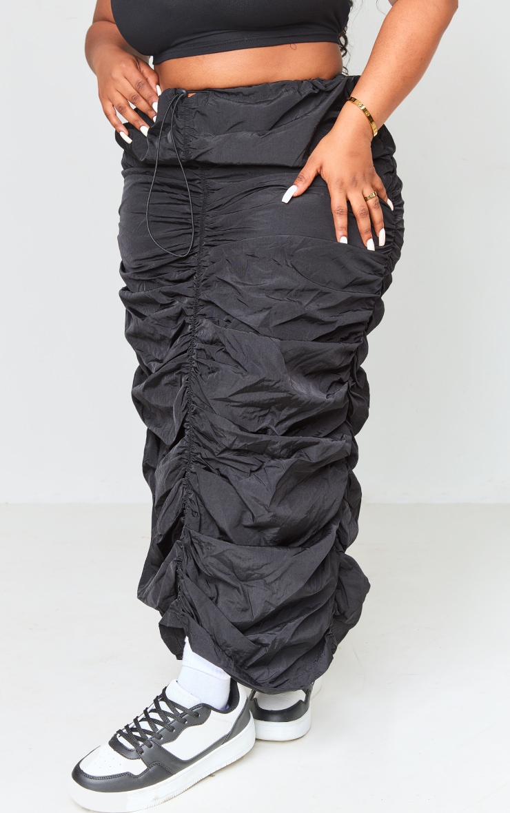 Plus Black Ruched Parachute Midi Skirt | PrettyLittleThing