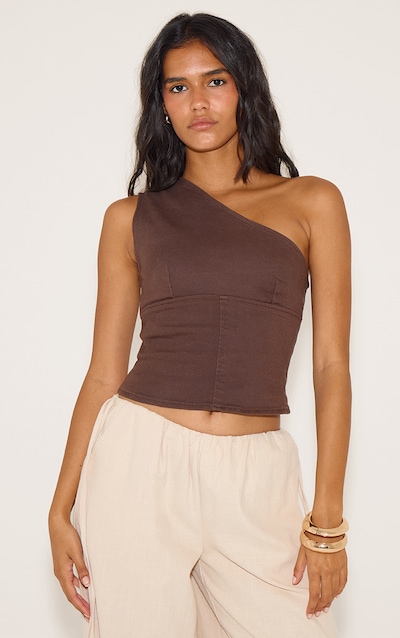 Chocolate Brown Asymmetric Shoulder Denim Top