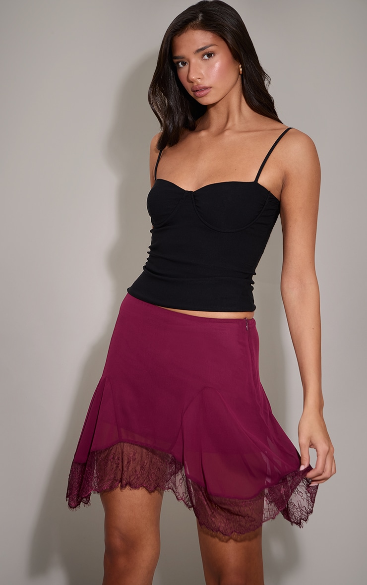 Plum Chiffon Lace Trim Hanky Hem Mini Skirt