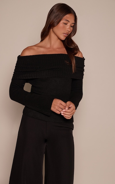 Pull pullover en maille tricot noire à col bardot