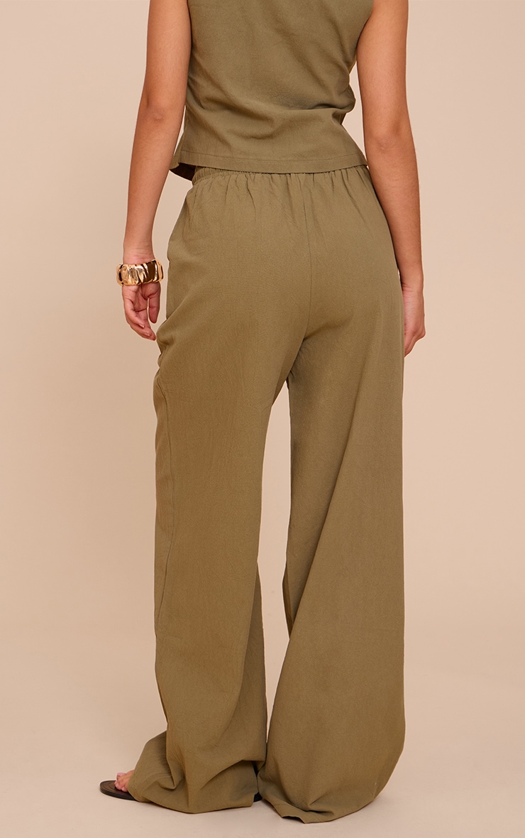 Khaki Tailored Linen Look Draw String Wide Leg Pant image 3