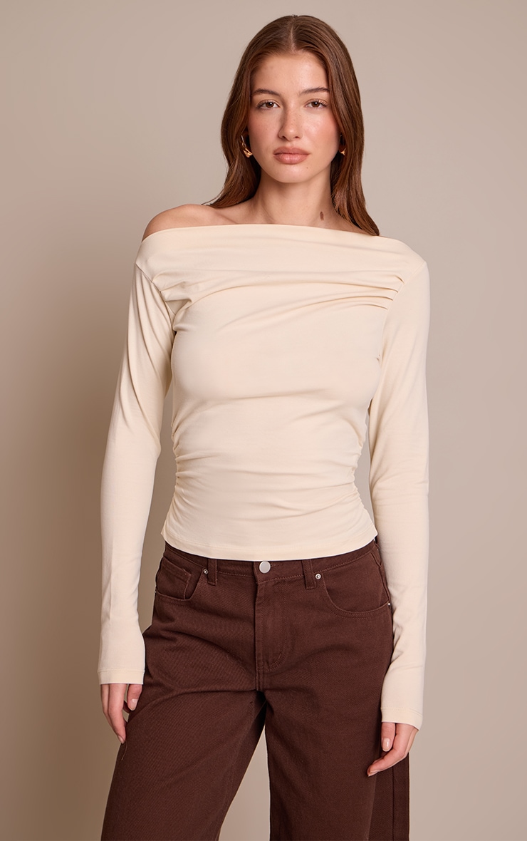 Oatmeal Soft Cotton Ruched Asymmetric Long Sleeve Top image 1