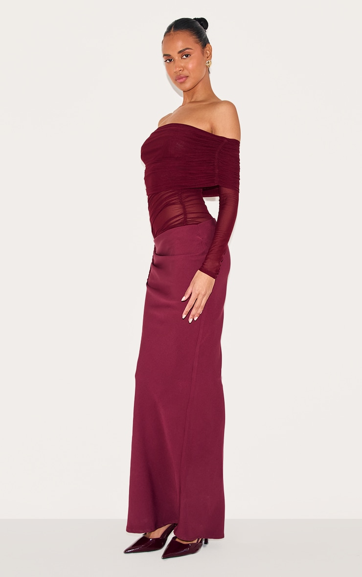 Wine Satin Mesh Detail Bardot Maxi Dress image 3
